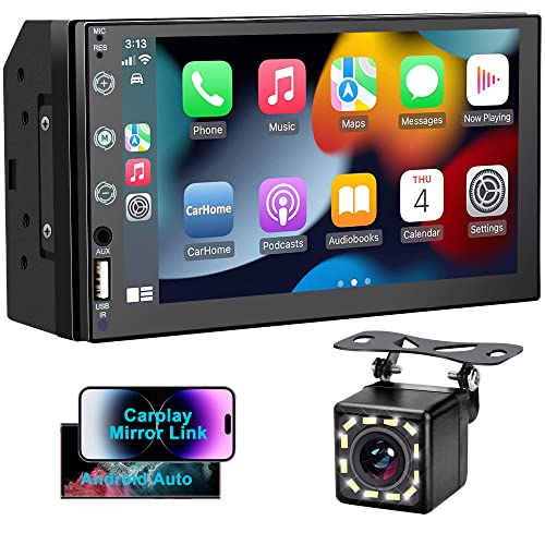 Estéreo de Coche de Doble DIN de 7' Compatible con Apple Carplay y Android Auto, Pantalla táctil HD, cámara de Respaldo de 12 LED, Enlace de Espejo,USB/AUX,Radio de Coche Am/FM