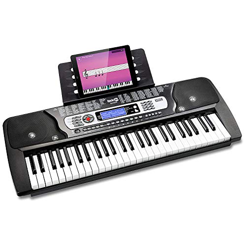 RockJam Piano con teclado de 54 teclas con fuente de alimentación, soporte para partituras, pegatinas para notas y lecciones de piano.