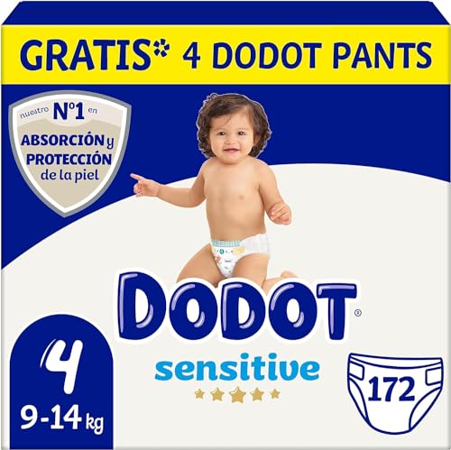 Dodot Pañales Bebé Sensitive Talla 4 (9-14kg), 172 Pañales + 4 Pants Gratis, Óptima Protección de la Piel de Dodot, Pack Mensual