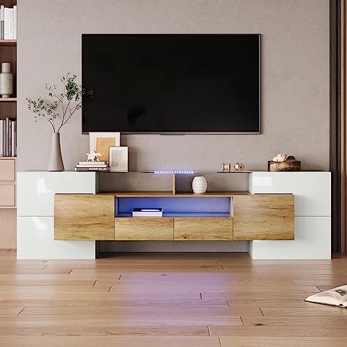 KecDuey Mueble de TV de 200 cm, elegante, armario bajo de alto brillo con iluminación LED, muebles de salón, diseño moderno, elegante superficie de cristal. (color madera, 200 cm) (WF3048489)