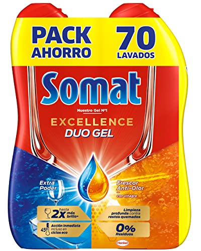 Somat Excellence Gel Frescor Anti-Olor (70 lavados), detergente lavavajillas desengrasante, lavavajilla líquido automático en botella, jabón para platos con vinagre