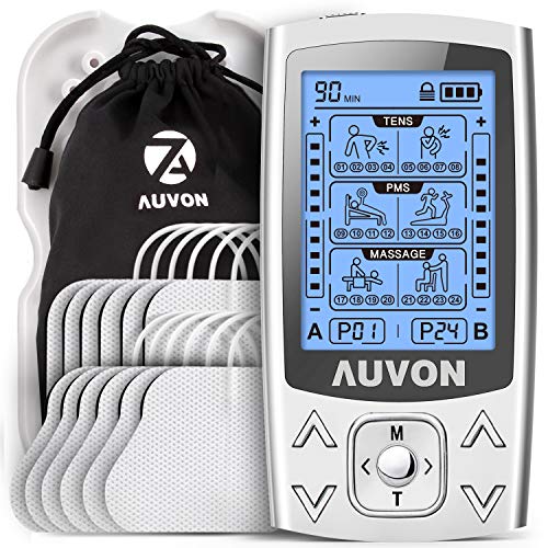 AUVON 3-en-1 Electroestimulador muscular de 24 modos, con función TENS, EMS y masaje, para aliviar el dolor muscular y fortalecer los músculos, 2 Canales, 12pcs 2'x2' Electrodos con diseño patentado