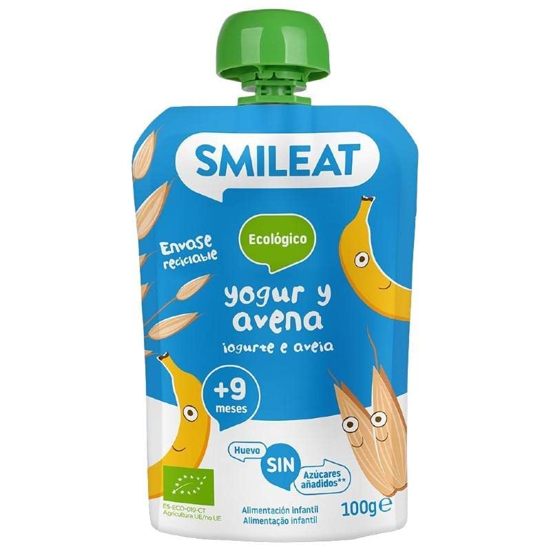 Smileat - Pouch Ecológico de Yogur y Avena, Ingredientes Naturales Bebibles, Para Bebés a Partir de los 9 Meses - 100g