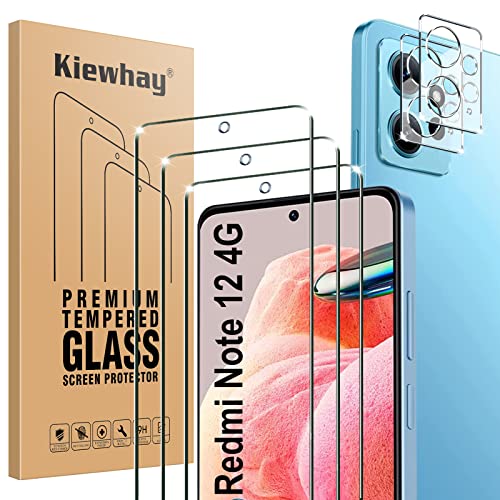 Kiewhay Protector de Pantalla para Xiaomi Redmi Note 12 4G Cristal Templado, 3x Vidrio Templado + 2x Protector de Lente de Cámara, [No para Redmi Note 12 5G] 99,99% HD Protector Pantalla - 5 Piezas