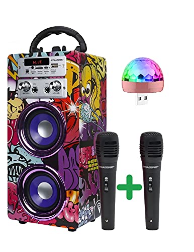 DYNASONIC - (3ª Gen) Altavoz Bluetooth Portatil con Modo Karaoke y Micrófono, Radio FM y Lector USB SD (Modelo 12, Luces Discoteca)