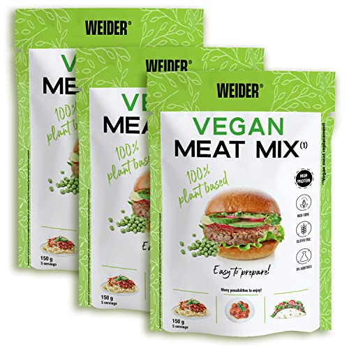 Weider Pack Vegan Meat Mix - 3 Unidades. Sustitutivo de carne rico en Proteina Vegetal 75% + Fibra Vegetal 20%. Sin Gluten. Sin Conservantes. Fácil Preparación. Recetas Infinitas. 3x150g