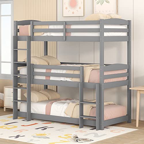 KecDuey Litera para niños de 3 plazas, 90 x 200 cm, para tres, extraíble en cama individual, cama de matrimonio, cama de invitados, madera de pino (gris)