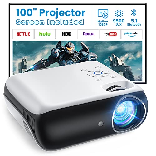 Proyector Bluetooth, 1080P Nativo 9500L Portátil 4K Soporte, [Pantalla Incluida] Mini Proyector Casa Cine para Smartphone/PC/TV Stick/PS5/XBOX, hdmi