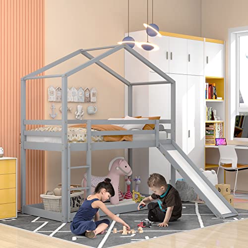 Cama para niños con escaleras y toboganes, cama baja con somier y protección contra caídas, marco de cama de madera maciza gris 90 x 200 cm