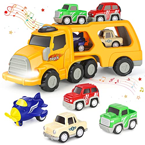 Aoskie Camion Transportador de Coches para Niños, 5 in 1 Coches Juguete con Sonido y Luces Regalo para Niños Bebe 1 2 3 4 Años