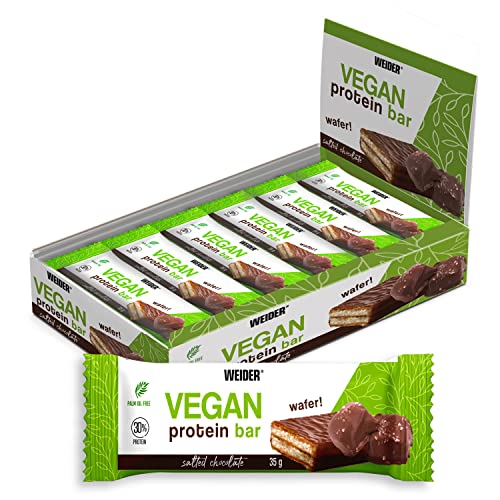 Weider vegan protein bar. Snack Vegano. Barrita de barquillo con cobertura de chocolate. Sin aceite de palma. Sabor Chocolate Saladoo . Caja de 12 barritas de 35gr