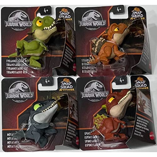Jurassic World Juego de 4 figuras Snap Squad Attitudes 2022 (Tyrannosaurus Rex, Spinosaurus, Mosasaurus, Stegosaurus) de GXW58-956C Release
