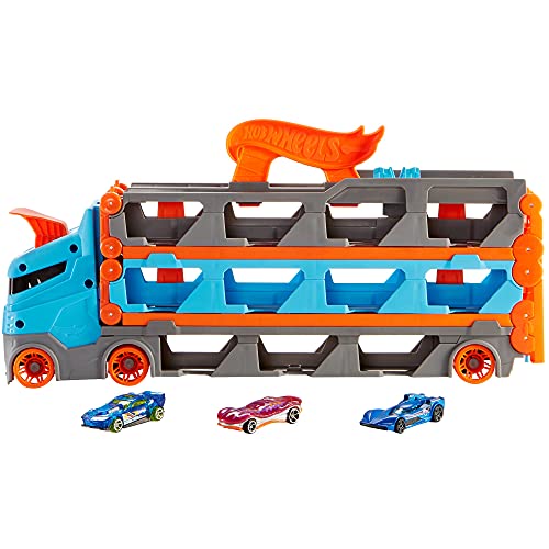 Hot Wheels City Camión autopista, pista de coches de juguete de 2 metros con lanzador, incluye 3 vehículos (Mattel HGH33)
