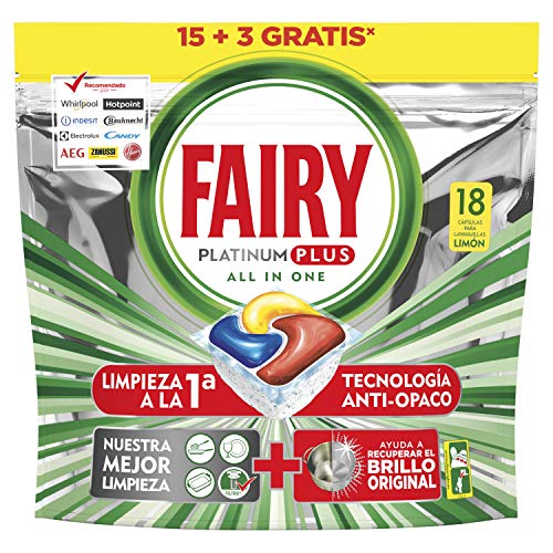 Fairy Platinum Plus Cápsulas para Lavavajillas, Elimina Restos Difíciles, Limón - 15 + 3 Cápsulas