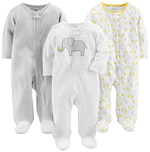 Simple Joys by Carter's 3-Pack Neutral Sleep and Play Infant Toddler-Bodysuits, Blanco Elefante/Gris Claro Mini Rayas/Jirafa, 3-6 Meses (Pack de 3) Unisex bebé