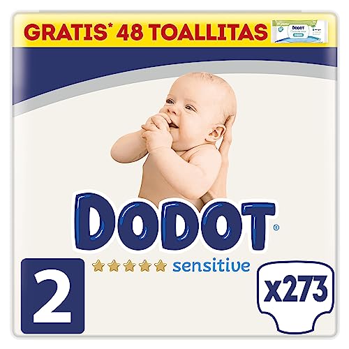 Dodot Pañales Bebé Sensitive Talla 2 (4-8 kg), 273 Pañales + 1 Pack de 40 Toallitas Gratis Aqua Plastic Free, Óptima Protección de la Piel de Dodot, Pack Mensual