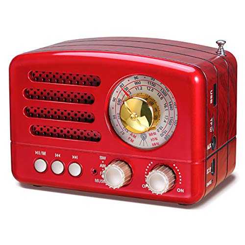 PRUNUS J-160 Am/FM/SW Radio Vintage, Radio Portatil Pequeña Bluetooth, Radio Retro con Reproductor USB/TF/AUX, Transistores Radio con Excelente Recepción, Radio Bateria Recargable de 1800mAh(Rojo)