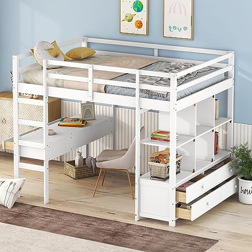 KecDuey Cama alta de madera blanca de 140 x 200 cm, con cajones de almacenamiento, somier y escritorio bajo la cama para niños y niñas