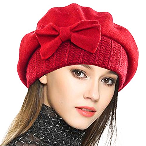 VECRY Mujer Boina 100% Lana Vestido Beanie Invierno Sombrero (Rojo)