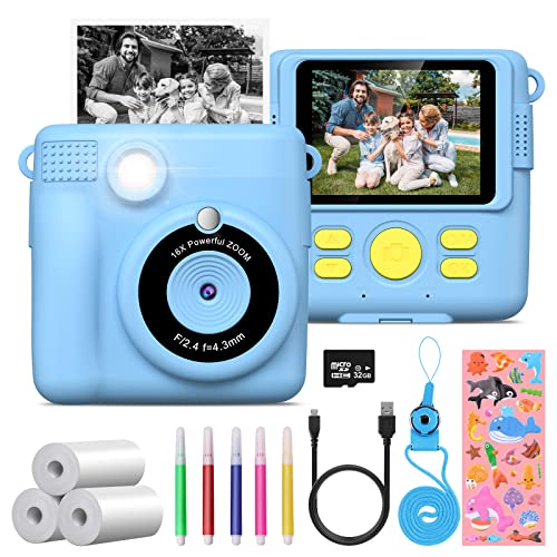 GREENKINDER Camara Fotos Infantil,2.4' HD 1080P Cámara Instantánea para Niños con Tarjeta SD de 32GB,Bolígrafos de Colores y Papel de Impresión,Regalos Juguete