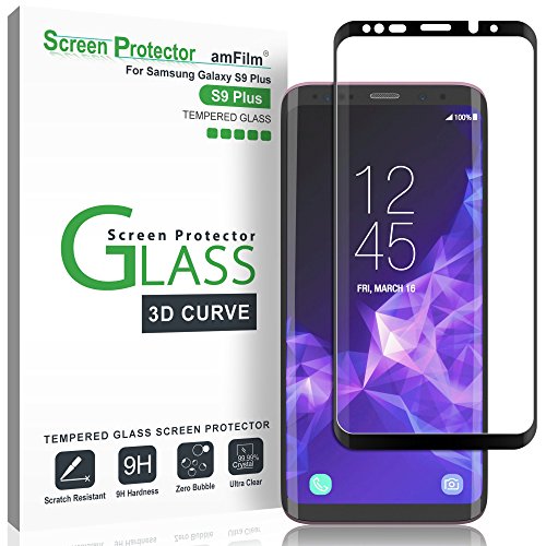 amFilm Protector de Pantalla Galaxy S9 Plus, Anti-Burbujas (3D Curvo) Cristal Vidrio Templado Protector de Pantalla para Samsung Galaxy S9 Plus (Negro)
