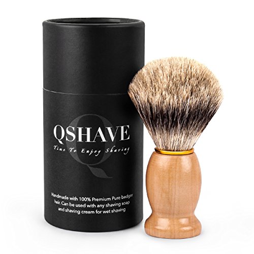 Qshave - Brocha de afeitar hecha a mano con 100 % pelo de tejón auténtico y puro, con mango de madera-La elección para el afeitado húmedo con maquinilla de seguridad / seguridad de cuchilla de afeitar