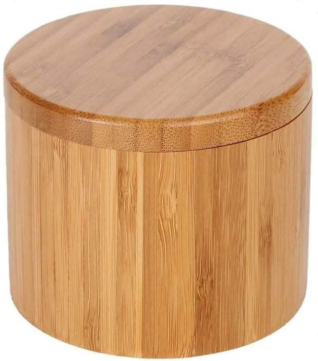 Salero para Cocina Bambú Con Tapadera Giratoria/Salero Para Sal Circular con Tapadera de Bambú/Cuenco para La Sal y Sal Gorda/Tarro Para La Sal Hecho de Bambú 500ML
