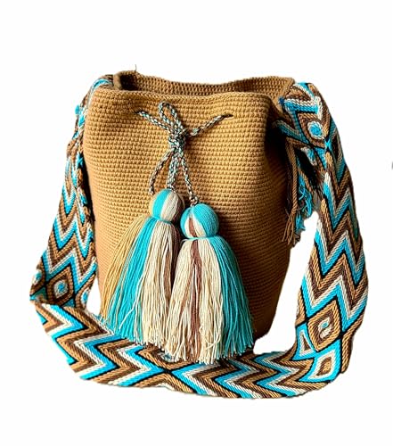Bolso Wayuu hecho a mano | Bolsa de cubo | Azul sólido tímido, Gris, Large