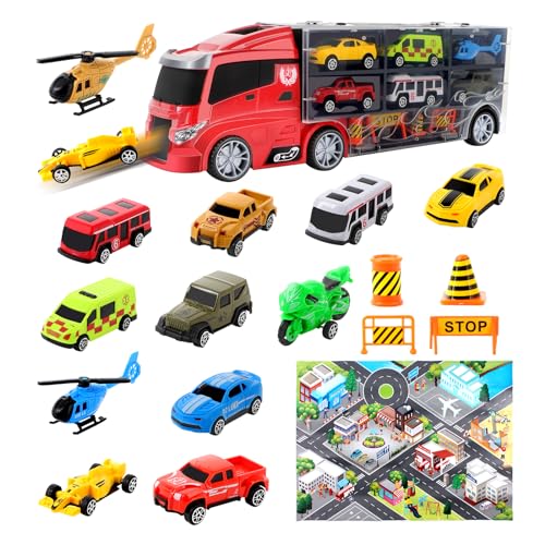 deAO Camión Transportador Maletín Portacoches Conjunto Playset Incluye Surtido Total de 12 Vehiculos y Accesorios