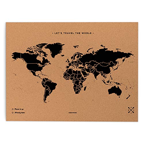 Miss Wood Map XL - Mapa del mundo de corcho, 60 x 90 cm, Negro