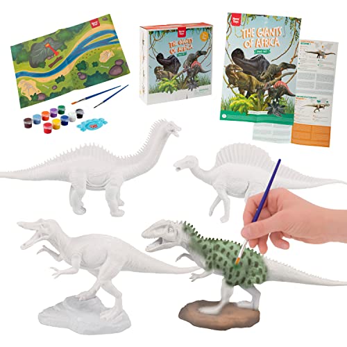 Nene Toys Kit de Colorear Dinosaurios para Niños de 3-7 años [Los Gigantes de África] – Juguete de Manualidades Educativo con 4 Dinosaurios, 10 Pinturas, 2 Pinceles, Poster Científico y Mantel