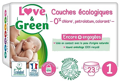 Love & Green – Pañales hipoalergénicos 0% para bebé, 23 pañales, talla 1