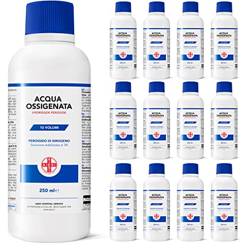 AIESI® Agua Oxigenada desinfectante Ph.Eur. 3% 10 volúmenes con tapa de seguridad para niños botella de 250 ml (Paquete de 12 piezas), Made in Italy