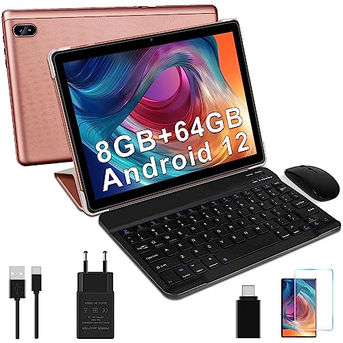 Tablet 10 Pulgadas Android 12 con 5G WiFi, HD Tablets 2 en 1 con Teclado y Ratón y Funda, 4GB RAM (Ampliable hasta 8 GB RAM) + 64GB ROM ( TF 1TB), 2.0 GHz, Bluetooth 5.0, 8 Cores, 6000 mAh, Oro Rosa