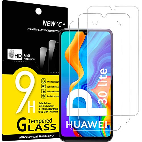 NEW'C 3 Piezas, Protector Pantalla para Huawei P30 Lite, Nova 4e, Cristal templado Antiarañazos, Antihuellas, Sin Burbujas, Dureza 9H, 0.33 mm Ultra Transparente, Ultra Resistente
