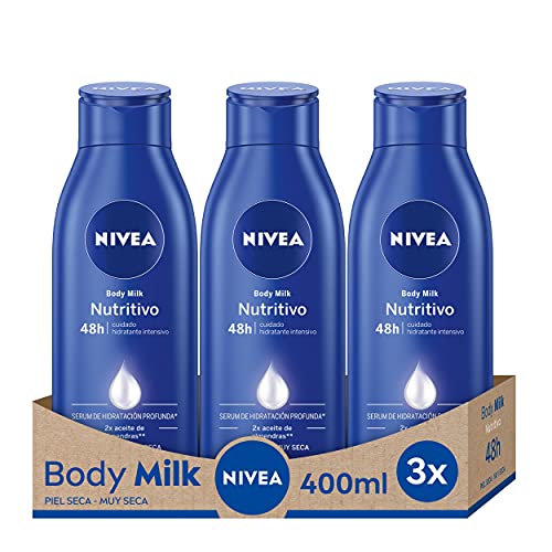 NIVEA Body Milk Nutritivo en pack de 3 (3 x 400 ml), leche corporal para una hidratación profunda durante 48 h, crema hidratante corporal con aceite de almendras