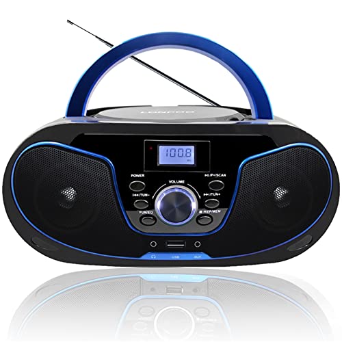 LONPOO Reproductor de CD portátil Boombox - Audio estéreo, con Reproductor de CD, Radio FM, Bluetooth, USB, Entrada AUX, Audio doméstico Compacto, CD, CA o Alimentado por batería