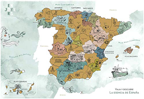 ENJOYERS Mapa España para Rascar - Mapa Rascable Esencia de España Ilustrado a Mano - 65x45cm - Solo Lamina - Sin Marco