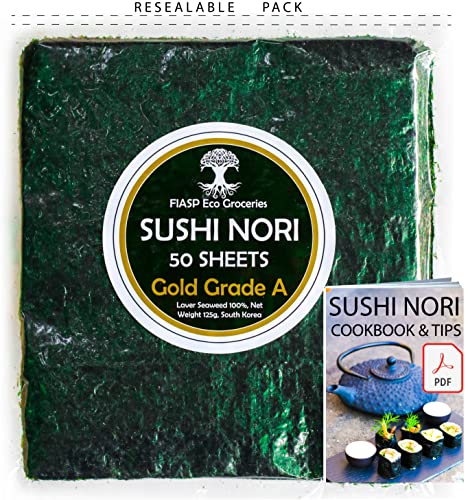 Hojas de algas marinas Sushi Nori horneadas a Enero de 2022 - Granja familiar de Corea del Sur (50 hojas completas) Grado superior (oro), libro electrónico Nori, Tostado y Umami