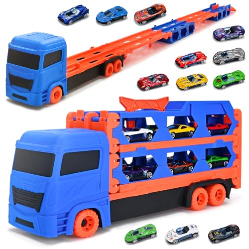 Xoolkly Camiones de Juguete Eyección Pista de Carreras Camión Juguetes Portátil Camión de Transporte Juguetes Niños 3 Años con 12 Mini Vehículos Coches Juguete para Niños 3 4 5 Años, Azul Negro