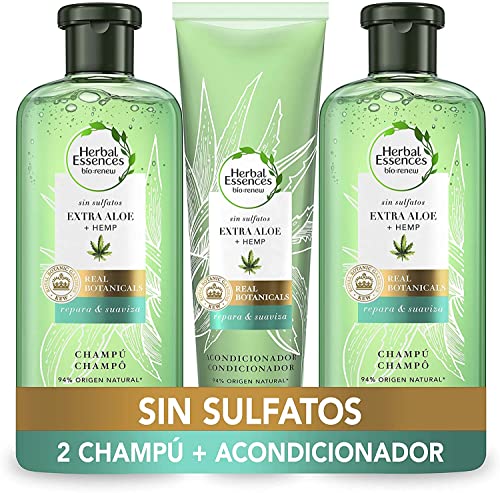 Herbal Essences Sin Sulfatos Ni Siliconas, Ingredientes Naturales Aloe Puro Y Hemp, 2 Champús 380 ml + Acondicionador 275 ml