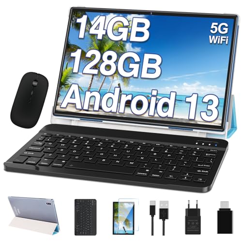 2024 Newest Android 13 Tablet 10 Pulgadas 14GB RAM + 128GB ROM (1TB TF), Batería 8000mAh, Octa-Core 2.0Ghz, GPS, 5G + 2.4G WiFi, BT 5.0 | 5+8MP | Type C | Tablet PC con Funda, Teclado e Ratón - Azul