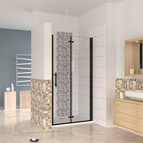 Mampara ducha frontal baño dos puerta plegable con perfil negro mate,estilo industrial, 5 mm cristal templado, Easyclean,70x190cm