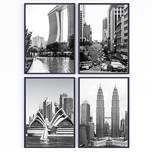 Set de 4 láminas decorativas para enmarcar. Fotos de viaje blanco y negro. Ciudades del mundo para los cuadros de tu pared. Posters impresos. Sin marco (21 x 30 cm)