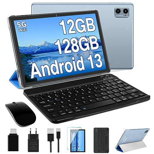Oangcc 2023 Tablet 10 Pulgadas Android 13 OS Tablet, 12 GB RAM+128 GB ROM(TF 1TB), 5G+2.4G WiFi, 8 Core 2.0 GHz, BT 5.0, Widget, 6000 mAh, 5+8MP, Certificada GMS Tableta con Teclado + Funda - Azul