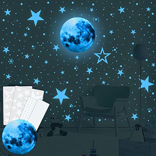 Olakin Luminoso Pegatinas de Pared, 435 Piezas Fluorescentes Pegatinas de Estrellas y Luna, Pegatinas de Pared para Dormitorio, Sala De Estar, HabitacióN Infantil(Azul)