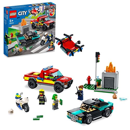 LEGO 60319 City Rescate de Bomberos y Persecución Policial, Set con Moto, 2 Coches de Juguete y Dron, Regalos para Niños de 5 Años o Más