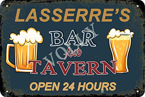 Vvision Lasserre'S Bar and Tavern Open 24 Hours Cartel de Chapa Metal Advertencia Placa de Chapa de Hierro Retro Cartel Vintage para Dormitorio Pared Familiar Aluminio Arte Decoración