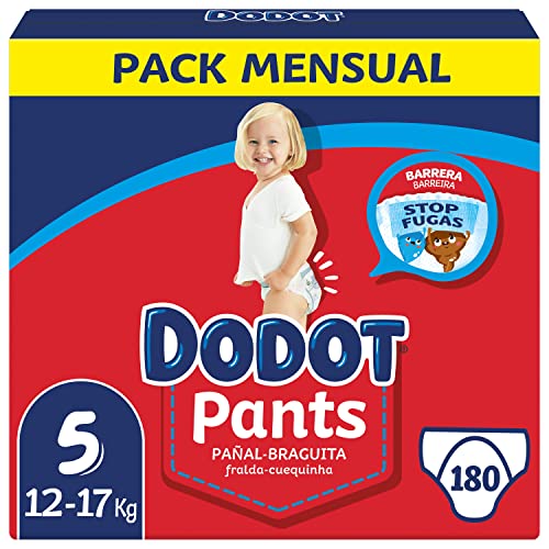 Dodot Pañales Bebé Pants Talla 5 (12-17 kg), 180 Pañales, Pañal-Braguita con Ajuste 360° Anti-Fugas, Pack Mensual