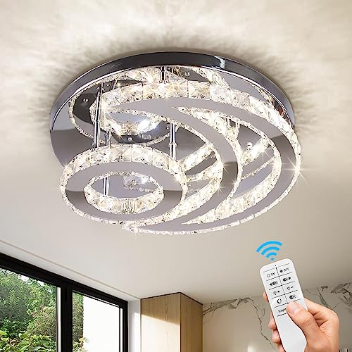 CXGLEAMING 15.7' Lámpara de techo LED de cristal moderna plafón led de techo empotrado lampara de araña luna redonda regulable Luz de techo para salon dormitorio baño comedor(control remoto)